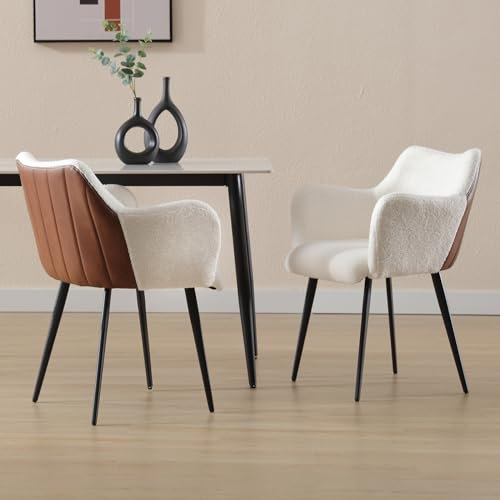 Wahson Esszimmerstühle 2er Set, Küchenstuhl mit Lehne 2 farbig Wohnzimmerstuhl aus Teddystoff Kunstleder, Moderne Polsterstuhl für Esszimmer/Wohnzimmer,Weiß