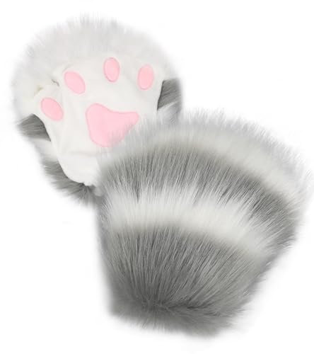 Focupaja Pelzige Niedliche Katze Handschuhe Faux Tier Cosplay Fingerlose Handschuhe Bär Wolf Pfoten Warme Plüsch Winterhandschuhe Eine Größe Passt Alle Grau Weiß