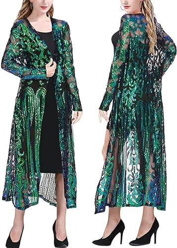 PROMLINK Pailletten Cardigans Duster Sparkly Blazer Jacken Lang für Frauen Abend, Grün , 5X-Large