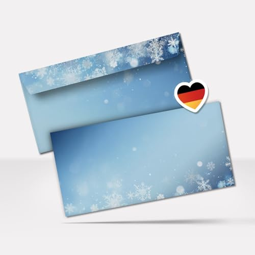 50 Briefumschläge Weihnachten | Schnee Winter Blau | Umschlag DIN lang | haftklebend ohne Fenster vollflächig bedruckt | hochwertige Premium Weihnachtsumschläge 90 g/qm