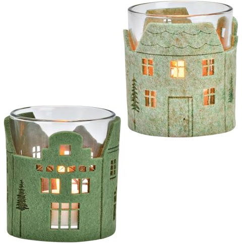 matches21 Lot de beaux photophores en verre comme décoration de Noël – Photophores avec village de Noël en feutre vert – Bougeoir scandinave pour intérieur Ø 7 x 8 cm
