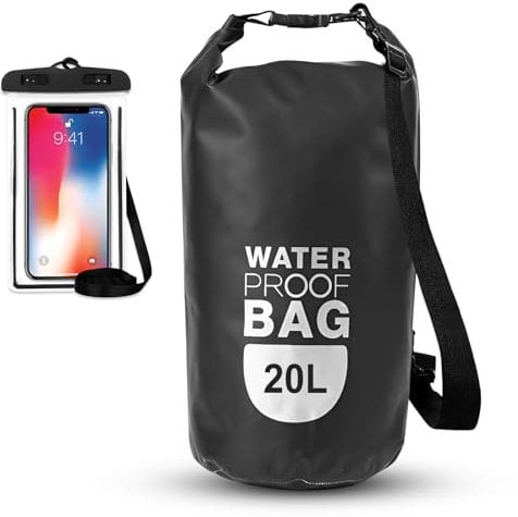 AUSYIWI wasserdichte Tasche mit wasserdichter Handytasche, wasserdichter Drybag mit verstellbarem Schultergurt für Kajak, Rafting, Bootfahren, Camping, Schwimmen. (Schwarz, 20L)