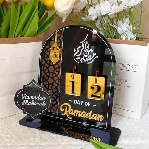 Ramadan Kalender Dekorative Adventskalender,Eid Mubarak Dekoration Ramadan aus Acryl Countdown Kalender Ornament Gebet Ramadan,Mubarak Deko Wohnzimmer Ramadan Geschenke für Kinder (Schwarz)