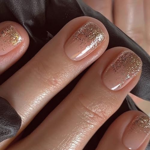 Ceboic 24 Pièces Carrés Faux Ongles Court Français Gold Paillettes Press on Nails Couverture Complète Acrylique Soft Gel Ongles à Coller pour Femmes et Filles DIY D'ongle Manucure Salon