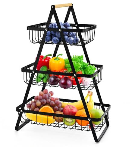 3 Tier Fruit Basket for Kitchens, Fruit and Veg Storage, Tiered Fruit Bowl, Detachable Metal Fruit Rack, Large Fruit Stand, Countertop Bread Vegetable Rack (Black)