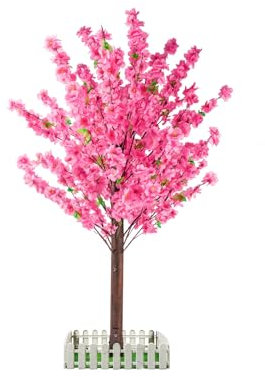4FT Tall Artificial Cherry Blossom Tree Indoor: Handmade Natural Faux Peach Blossom Tree, Tall Fake Trees Outdoor with Wood Trunk and Pink Flowers for Party Wedding Christmas Home Decor