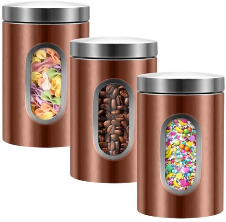LYFJXX Set von 3 Edelstahl-Aufbewahrungsdosen mit durchsichtigem Fenster für Küchenarbeitsplatte, Kaffee, Tee, Nüsse, Mehl, Zucker (braun)