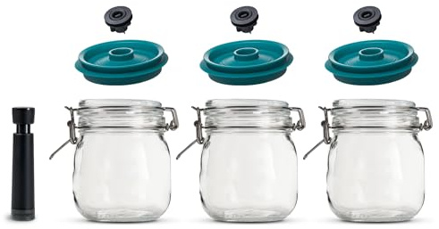 Airtender 3x Vakuumdeckel mit 3x Kilner® Einmachgläser und Vakuumpumpe – Halten Sie Lebensmittel bis zu 5x länger frisch und mehr (1000ml)