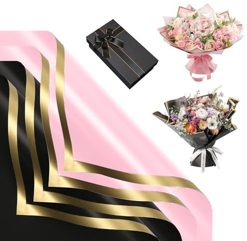 20 Blatt Wasserfeste Blumenpapier Flower Bouquet Wrapping Paper Blumenstrauß Verpackungspapier Floral Geschenkpapier Blumen Papier Wasserfestes Blumenpapier mit Goldenem Rand, 2 Farben (58 x 58 cm)