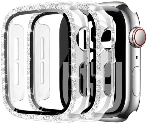 2 Stück Bling Hülle für Apple Watch Schutzhülle 42mm für Damen,Harte PC Diamant Glitzer vollständiger Schutz Displayschutz für iWatch Serie 10 9 8 7 6 5 4 SE,02-Transparent/Transparent