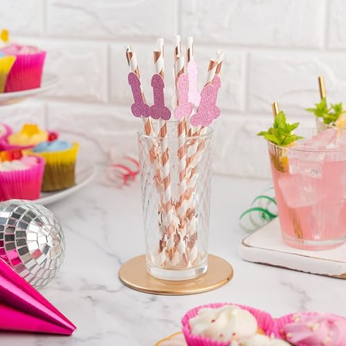 10 x Pink & Rose Gold Glitter Willy Straws – Handmade Hen Do & Bachelorette Party Decor