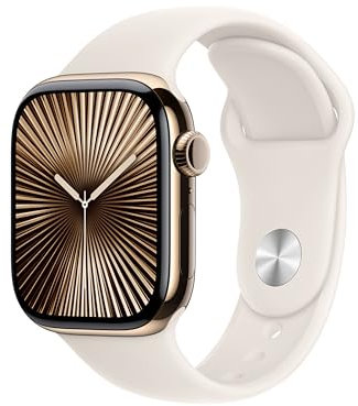 Apple Watch Series 10 GPS + Cellular Smartwatch con Caja de Titanio Oro de 42 mm y Correa Deportiva Blanco Estrella - Talla S/M. Monitor de entreno, App ECG, Pantalla Retina Siempre Activa