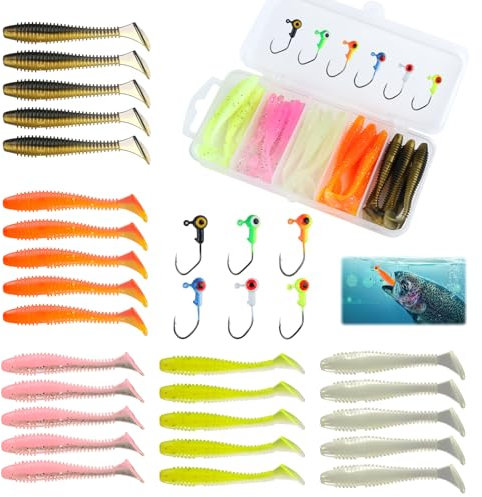 Fishing Lures, with Heads Hooks Set 36 Pcs Easy Catching Bait for Family, All-Conditions Gear for Bass Trout Walleye, Crappie Fishing Jigs