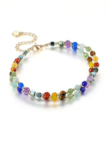 Jovivi Bracciale 7 Chakra con Perline in Pietre Naturali per Donna - Bracciale a Filo 2 Strati Incrociati con Perle Pietre e Cristalli Sfaccettati - Portafortuna Reiki Guarigione Oro
