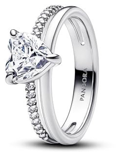 PANDORA Timeless Doppelband Herz Ring aus Sterling Silber mit Zirkonia, Größe: 58, 193100C01-58