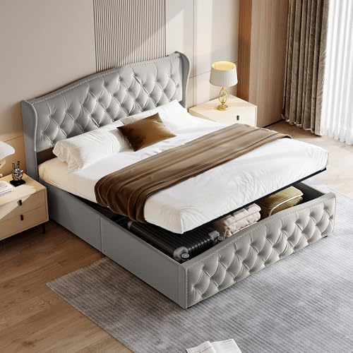 Générique Lit Rembourré avec Rangement, Double avec Hydraulique,Coffre 140x200 avec Tête de lit de Ligne de Vague,Lit Velours pour Adulte,Gris (Gris, 140x200 cm)