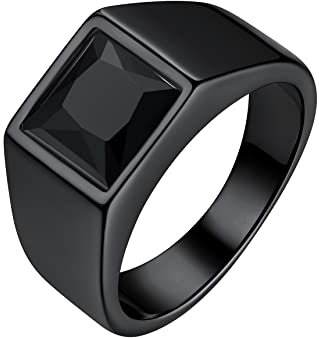 Bestyle Ring mit Schwarzem Stein Herren Ring Edelstahl Bandring Schwarzer Onyx Biker Ring, 8 * 8mm Achat Pinky Daumen Ring für Papa Vater Schmuck Geschenk, Größe 57, Schwarz