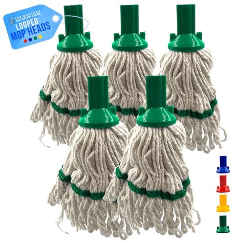 Green Looped Cotton Mop Heads Replacement with Absorbent Yarn, Self Threading Floor Mop Head, Floor Mops for Tiles, Wood, Laminate - Color Coded Commercial Cleaning - Pack of 5