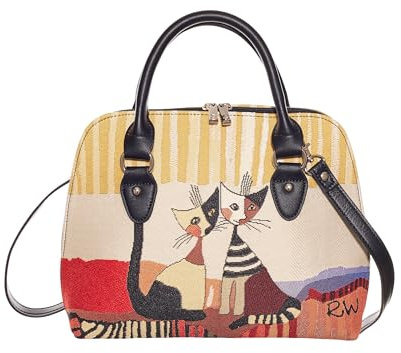 Signare Gobelin wandelbare Handtasche, Rosina Wachtmeister Katzen-Design, gelb gestreiftes Oberteil (Resina Cat Cappia, CONV-RWC-COPPIA), Resina Cat Cappia, Medium