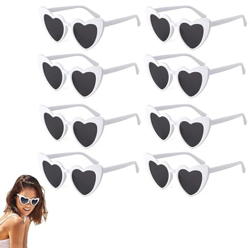 fufupaw 8 Stück Herz Sonnenbrille, Herz Sonnenbrille Weiß, Sonnenbrille Herz, Brilles, Set Sonnenbrille, Herzbrillen für Party, Hochzeit, Strand und Mehr, Unisex (Weiß)
