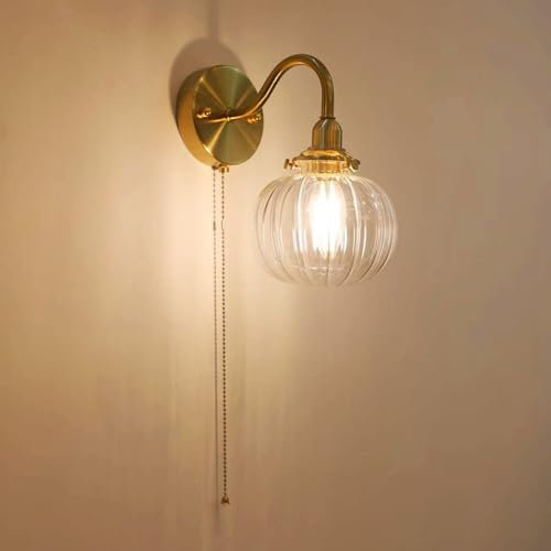 BBioss Applique Murale en Verre Style Citrouille Nordique, Finition Laiton Antique Moderne, avec Interrupteur à Tirette, luminaire décoratif d'intérieur rétro doré, culot E14, glob