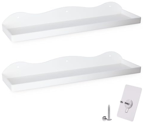 BEHONA White Acrylic Floating Shelves 2 Pack, No-Drill & Drill Wall Mount | Adhesive floating shelf, renter friendly. Drill mount for heavy loads. For bathroom, kitchen, bedroom, wall display.
