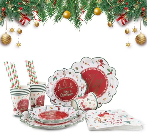 Fancysky 60 Pcs Stoviglie di Carta Natalizia, Festa diNatale Dessert Dinner Set, Piatti di Carta per Feste diNatale, StoviglieUsa e Getta Natalizie, Set diStoviglie per Feste di BuonNatale