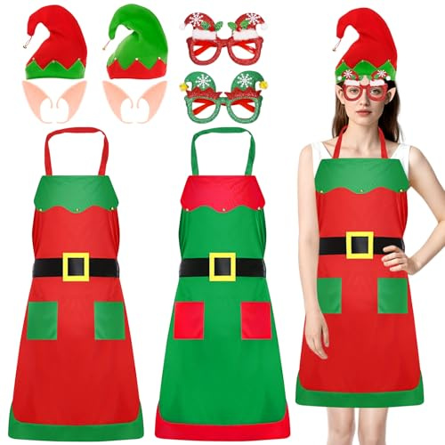 Weihnachtself Kostüm Damen Herren,8 Stück Weihnachtself Schürze Kostüm,Weihnachtsschürze Elfenmütze Elfenohren Weihnachtsbrillen Weihnachtselfen Weihnachtskostüm Erwachsene Cosplay Karneval Maskeraden
