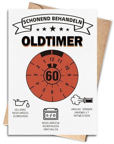Leseogye Geburtstag Mann Karte, Geburtstagskarte 60 Geburtstag Mann, Personalisierte Karte mit Umschlag, SCHONEND BEHANDELN OLDTIMER, Lustige Geschenke für Männer (60. Geburtstag)
