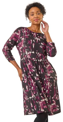 Roman Stretch Dress with Pockets for Women UK - Ladies Jersey Gathered Waist Spring Summer Knee Length Smart Casual Work Cocktail Party Going Out Fit & Flare Dinner - Petite Plum - Size 14