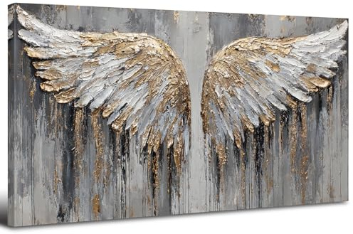 Weiß Gold Flügel Wandkunst Lareg Leinwanddrucke Vintage Engel Flügel Bild für Wohnzimmer Schlafzimmer Dekoration Aquarell Abstrakte Feder Textur Malerei Wanddekoration Moderne Luxus Kunstwerk 50x100cm