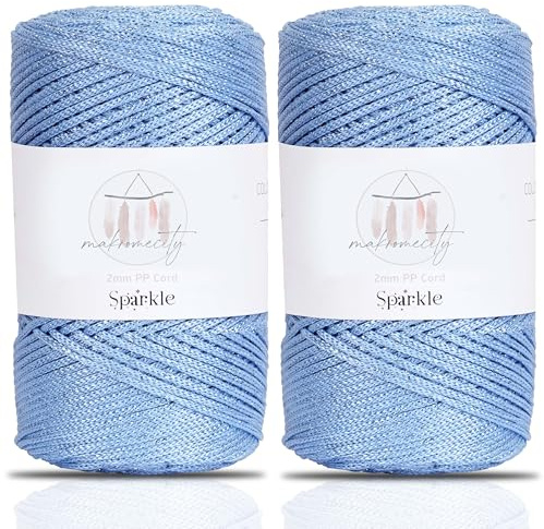 Makromecity Makramee Garn 2mm x 230m Premium Polyester Macrame Cord Polypropylene Yarn für Handwerk Wohndekorationen Platzteller Umhängetasche Handtasche Runner (Glitzer Babyblau, 2 Strang)