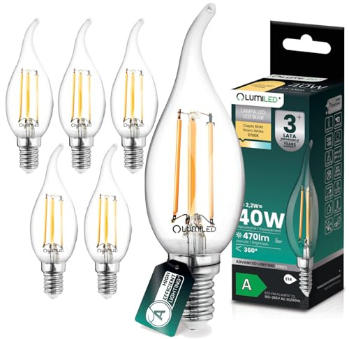 Lumiled LED Kerzenlampe BA35 E14 Flammspitze Ultraeffizient Klasse A 2.2W 470lm Ersatz 40W 2700K Warmweiß Filament Klarglas 360° Abstrahlwinkel Nicht Dimmbar 6er Set