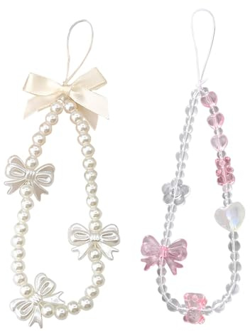 Tharvolex Phone Charm, 2Pcs Crystal Pearl Bow Beaded Bracelet Phone Strap Anti-Lost Phones Lanyard Wrist Strap for Mobile Phones, Camera, Wallet, Keys, Handbag, Aesthetic Gift for Women Girls