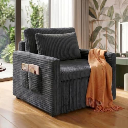 Xbro 3-in-1 Schlafsessel mit Schlaffunktion, Ausziehbares Schlafsofa 1 Sitzer, Bettsofa mit Schlaffunktion, Cord Sesselbett mit Kissen, Klappbares Sofa für Wohnzimmer, Schlafzimmer, Dunkelgrau