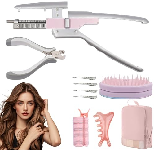 6D Hair Extensions Machine Kit, No-Trace Invisible Seamless Hair Extension Tool with Pliers, Quick-Operated Human Hair Extension Gun for Salon and Home Use (1 PC)