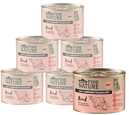 Dehner Fine Nature Katzenfutter, Nassfutter getreidefrei, für ausgewachsene Katzen, Rind, 6 x 200 g Dose (1.2 kg)