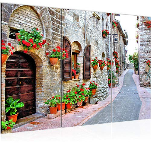 Runa Art Wandbilder Blumen Toskana Bild XXL Wohnzimmer Schlafzimmer Ziegel Italienische Gasse 120 x 80 cm 3 Teilig 607731c