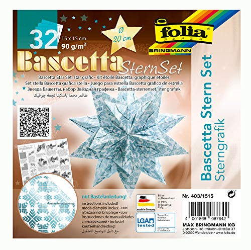 folia 403/1515 - Bastelset Bascetta Stern Sterngrafik weiß/eisblau, 32 Blatt, 15 x 15 cm, fertige Größe des Papiersterns ca. 20 cm, mit ausführlicher Anleitung - ideal zur zeitlosen Dekoration