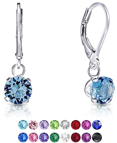 DTPSilver - Damen Klappbügel Ohrringe 925 Sterling Silber mit Kristallen von Swarovski® Elements 6 mm Runde - Farbe : Aquamarin
