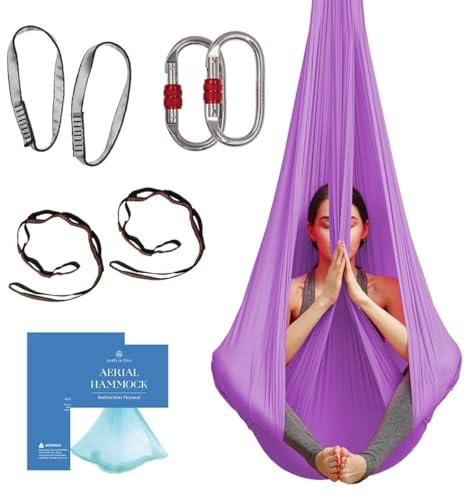 Aerial Silk Yoga Hammock & Swing for Home, Inversion Exercises, Starter Kit for All Levels - Durable with Extension Straps, Carabiners, and Pose Guide