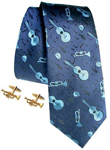 magdalena r. Trompeten Manschettenknöpfe Seidenkrawatte Musik Set vergoldet + blau + Geschenkhülle + roter Exklusivbox