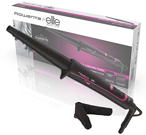 Rowenta Tenacilla Elite Cónica CF3242F0 - Rizador de pelo profesional para rizos y ondas, forma cónica, revestimiento de keratina y turmalina, control temperatura hasta 200 º, incluye guante protector