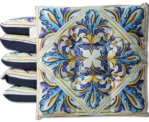 HABITA 33 HOME Cuscini Sedie Cucina Set da 6 (40x40x5cm) Cuscini, Coprisedia Cucina, Cuscini per Sedie Quadrati, Cuscino Sedia con Laccetti Decori Assortiti Trapuntati al Centro (Giglio)