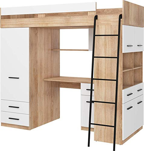 FurnitureByJDM Hochbett mit Schreibtisch, Schubladen, Kleiderschrank und Bücherregal - Level R - (Eiche Sonoma/Weiß)