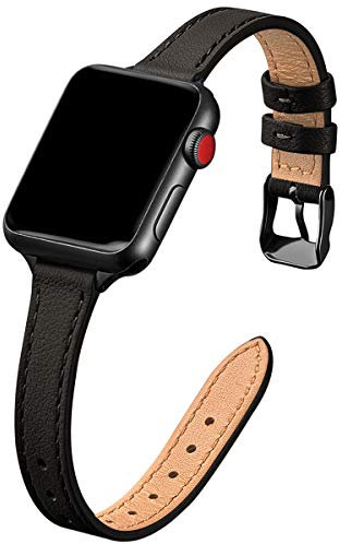 SUNFWR Kompatibel mit Apple Watch Armband 42mm 44mm 45mm 49mm,Echtes Ersatz Lederarmband,Schlank und Leicht Armband für die iwatch Serie Ultra/8/7/6/5/4/3/2/1,SE(Schwarz&Schwarz)
