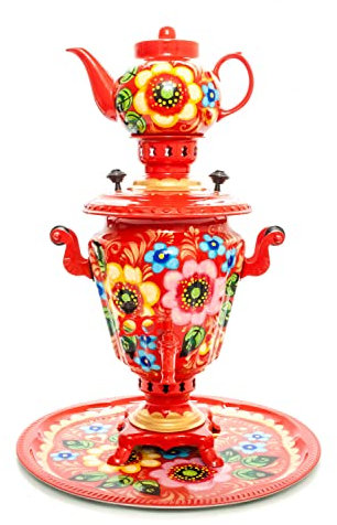Zhostovo Hand Painted Electric Samovar Kettle with Teapot and Tray