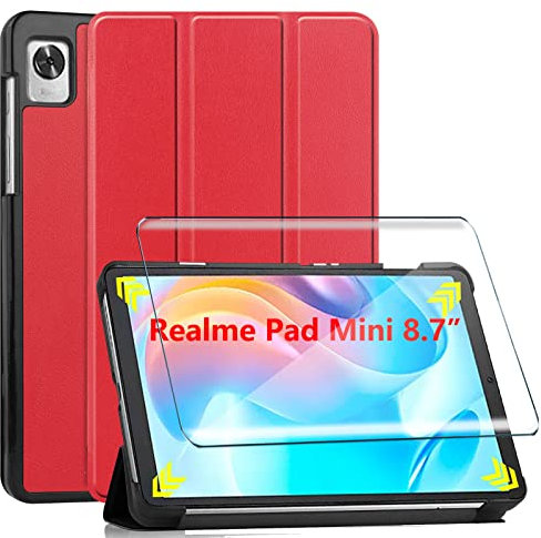 YMYH per Realme Pad Mini (8.7) Custodia + 1 x Pellicola Protettiva Realme Pad Mini Pellicola - Flip Cover with Support Fonction Custodia-Red