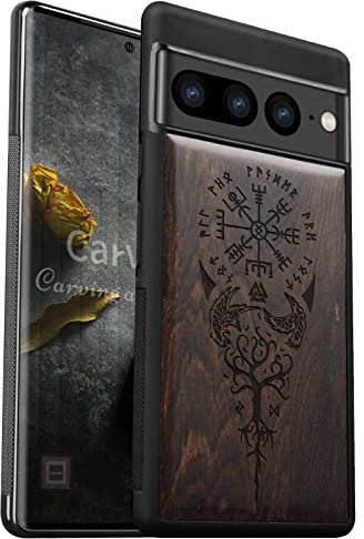 Carveit Holz Handyhülle für Google Pixel 7 Pro Cover [Einzigartiges Design Case] Stoßstange hülle Kompatibel mit pixel 7 pro Stilvolle Aussehen Hülle（Schwarzholz-Wikingerkompass Vegvisir）