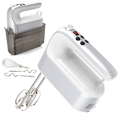 Yomelo 9-Speed Digital Hand Mixer Electric, 400W Powerful DC Motor, Baking Mixer Handheld with Snap-On Storage Case, Touch Button, Turbo Boost, Dough Hooks, Whisk (Silvery White)
